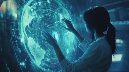 Aufkleber - Female Technician touching on digital globe screen, future technology concept
