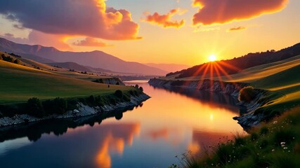 Wall Mural - Serene Sunset Over a Tranquil River Valley with Rolling Green Hills and Majestic Mountains