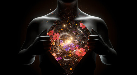 Poster - man pulling open chest abstract showing inner workings of gears and flowers, representing the blend of technology and nature, health innovation concept for medicine.