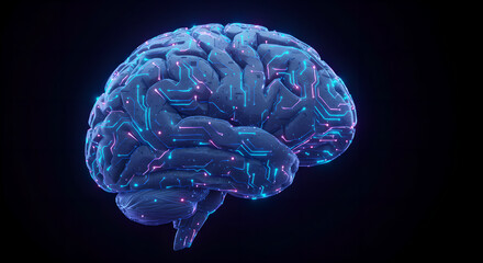 Poster - Digital brain with circuit board lines glowing in neon blue and pink, representing artificial intelligence and technology in medicine, concept for research and medical applications.