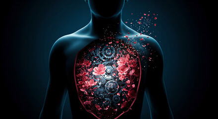 Poster - Man's torso with internal technology and flowering plants growing within him, a technological medicine concept, medicine of the future abstraction for health.