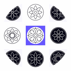 Poster - Stylish mandala designs arranged in grid, featuring floral patterns in black and white with vibrant blue center. Isolate on white background, copy space, commercial use