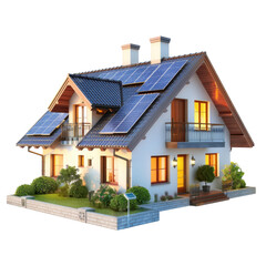 Poster - modern house with solar panels roof, surrounded by greenery and well maintained landscaping, exuding