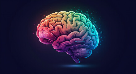 Poster - Vibrant human brain illustration depicting neural network and technological advancement, perfect for medical and science education, represents intelligence and artificial intelligence concepts.