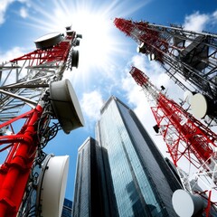Poster - Antennas & Skyscrapers Under Sunny Skies: A Modern Urban Communication Landscape with High-Rise Buildings