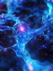Poster - Creative dynamic blue neuron plasma energy laser. Futuristic virtual technology background, digitally generated image. 3D Rendering illustration