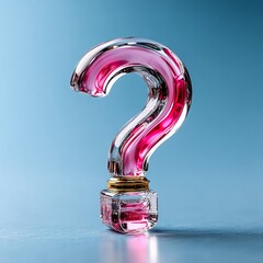 Aufkleber - Crystal Clear Question: A Decorative Glass Question Mark with Pink Accents on a Serene Blue Surface