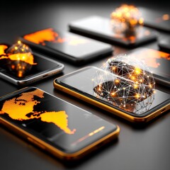 Poster - Global Connectivity: Smartphones Displaying Earth Map and Network Globe, Representing Technology and Communication