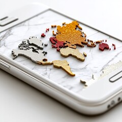 Poster - Global Connectivity: A World Map on a Smartphone with Marble Texture Backdrop and Data Points