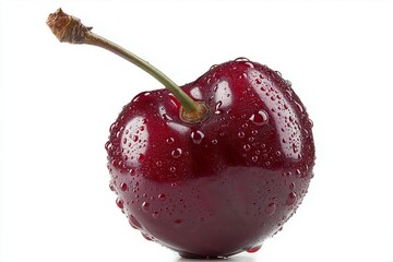 Wall Mural - single juicy cherry with water droplets isolated on white background