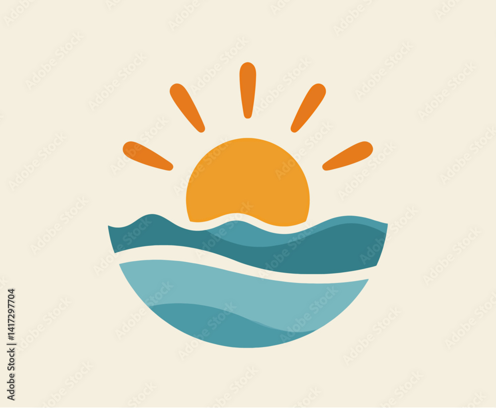 Sun Rising Stylized Stylized sun rising over blue ocean waves icon Stock Vector | Adobe Stock