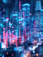 Poster - Abstract glowing big data forex candlestick chart on blurry city backdrop. Trade, technology, investment and analysis concept. Double exposure illustration
