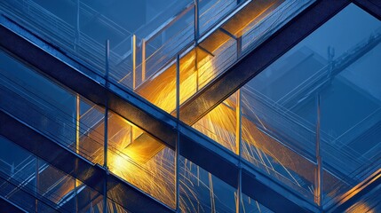 Poster - Abstract architectural artwork featuring a blend of blue, gold, geometric lines, and dynamic light patterns.