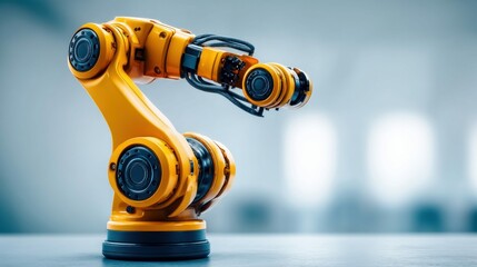 Poster - An advanced yellow robotic arm is shown in a modern industrial setting for manufacturing and automation.