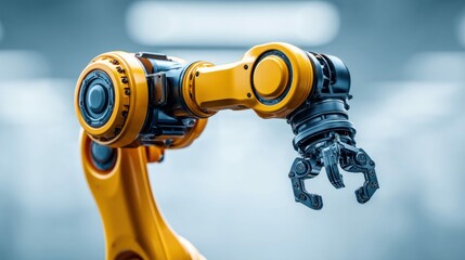 Poster - A detailed shot of a yellow and black robotic arm, showcasing industrial automation clearly.
