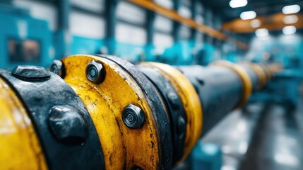 Poster - Industrial machinery shows a large, metallic pipeline with bolted yellow and black parts in focus.