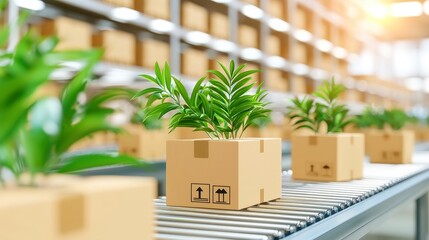 Poster - Sustainable Warehouse Operations, Cardboard boxes in motion on a conveyor belt, eco-friendly facility filled with plants, illuminated by abundant sunlight, showcasing green innovation