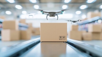 Poster - Futuristic Fulfillment Center, dynamic conveyor belt transporting cardboard boxes, transparent glass flooring revealing activity below, drones hovering above, high-tech logistics environment.