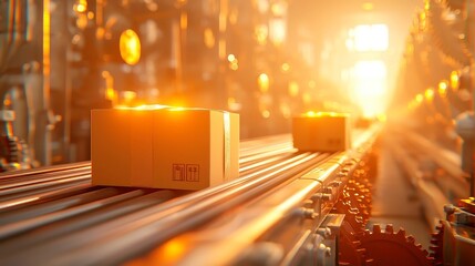Poster - Vintage factory scene, cardboard boxes in motion on a conveyor belt, surrounded by rusted gears and steam vents, illuminated by warm sepia-toned light, evoking nostalgia.