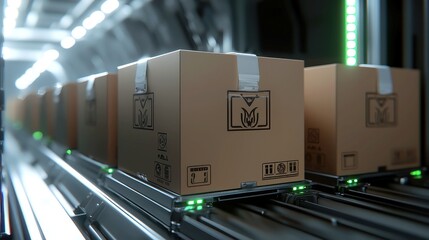 Poster - Alien Factory Conveyor, Cardboard boxes gliding along a conveyor belt, adorned with mysterious glyphs, filled with pulsating alien technology in a futuristic setting.