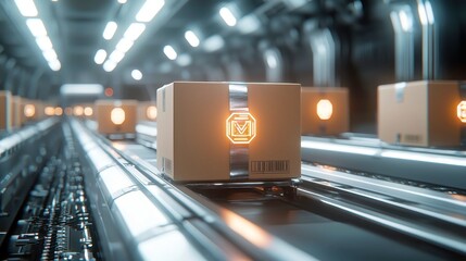 Poster - Alien Factory Conveyor, Cardboard boxes glide on a conveyor belt in a futuristic alien factory, adorned with intricate glyphs and filled with pulsating alien technology.