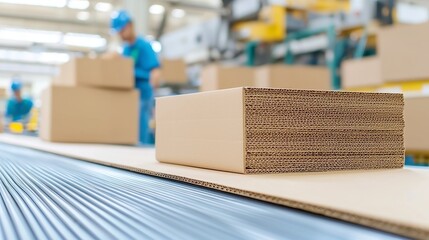 Poster - Cardboard Assembly Line, Cardboard boxes travel along a conveyor belt, expertly formed from flat sheets by a mechanical folding machine in a busy manufacturing environment