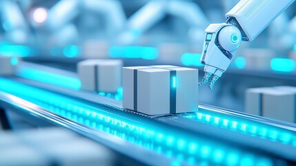 Poster - Automated Warehouse Operations, Cardboard boxes transport smoothly on a conveyor belt, surrounded by advanced robotic arms and glowing blue sensors in a dynamic high-tech environment