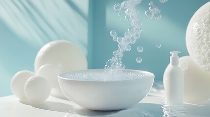 Aufkleber - Bubbles Falling into Bowl with Spheres and Bottle on a Blue Background