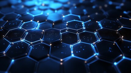Aufkleber - Dark Hexagon Pattern with Blue Glowing Outlines Connected Nodes on Geometric Surface