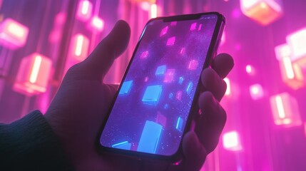 Poster - Hand holding smart phone with abstract glowing squares
