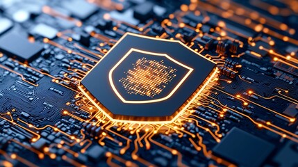 Blue shield icon with neon light accents floating in digital cyberspace, layers of matrix code and glowing data lines in the background