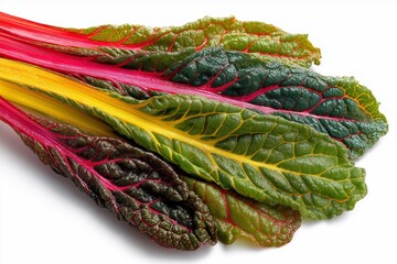 Wall Mural -  vibrant arrangement of colorful chard leaves isolated on white background