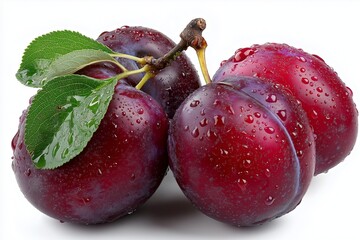 Wall Mural - Four ripe plums with water drops and green leaves isolated on white background