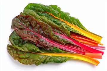 Wall Mural - vibrant bunch of rainbow chard leaves and stems isolated on white background