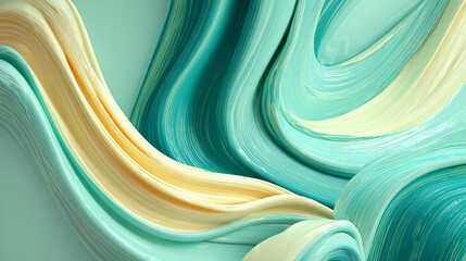 Poster - Abstract image of flowing, pastel teal and yellow shapes creating a dynamic, wavy pattern suitable as a background or for design projects