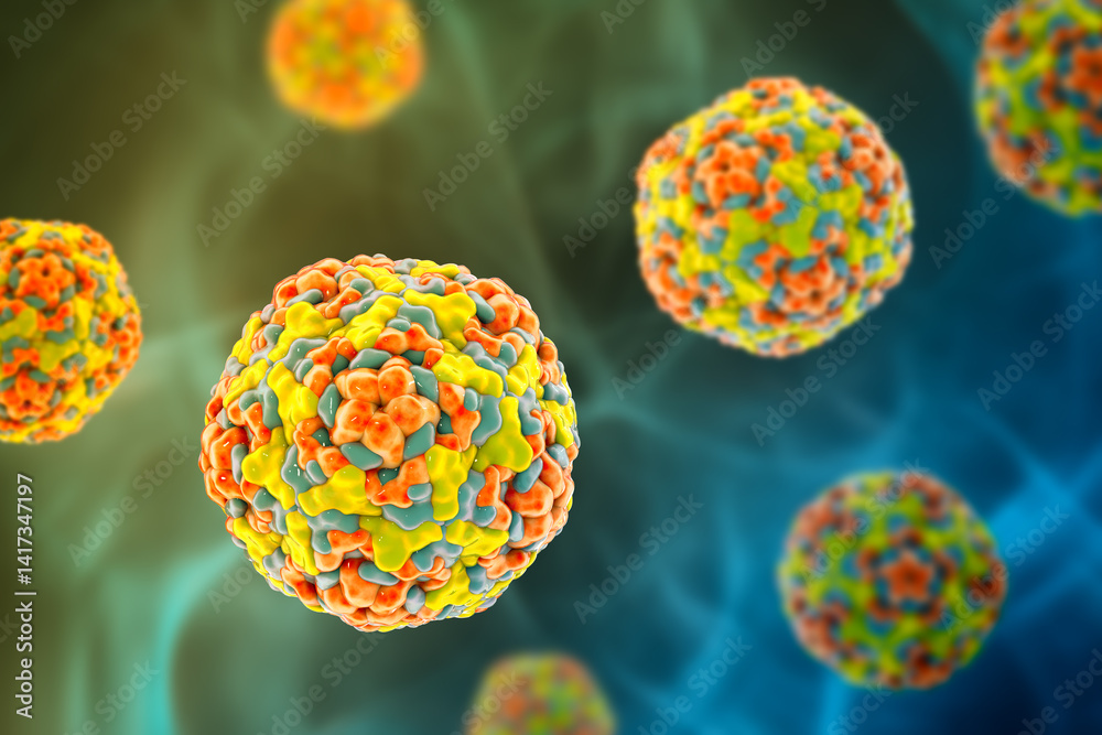 Enteroviruses, 3D illustration showing spherical, non-enveloped RNA ...