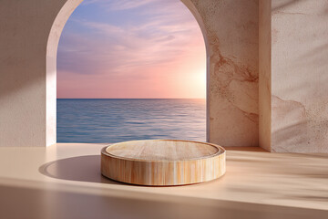 Aufkleber - Wooden podium on beige floor against arched window showcasing ocean sunset.  Minimalist scene, ideal for product display or branding