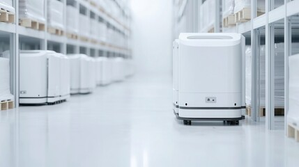 Poster - Automated Logistics in Cold Storage, efficient guided vehicles transporting goods in a modern warehouse, frost-resistant machinery operating in low temperatures, streamlined supply chain solutions