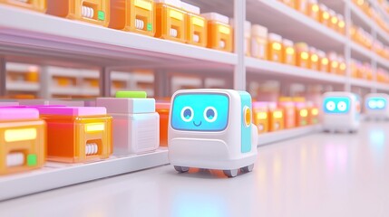 Poster - Smart Logistics Adventure, an engaging educational scene featuring friendly robots and automated vehicles transporting shelves in a modern warehouse, designed for children’s learning and imagination.
