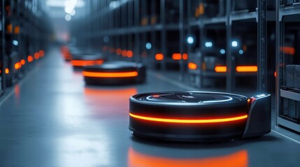 Poster - Automated Logistics Warehouse with Guided Vehicles, Augmented Reality Integration, AI Workers Managing Touchscreen Dashboards, Efficient Goods Transportation System