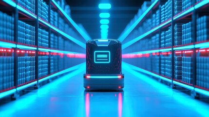 Poster - Smart logistics operation featuring automated guided vehicles moving shelves in a modern warehouse, enhanced by blue LED lighting and overseen by AI control towers.