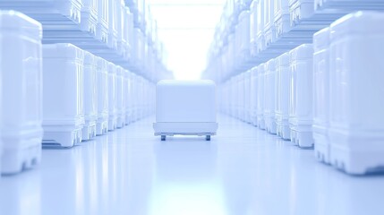 Poster - Automated Warehouse Logistics System featuring guided vehicles transporting shelves, autonomous forklifts navigating dynamic paths, overseen by drone surveillance.