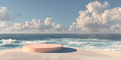 Poster - Peach-colored round podium on sandy beach, ocean waves background, showcasing product or text, symbolizing serenity, relaxation, and summer vacation