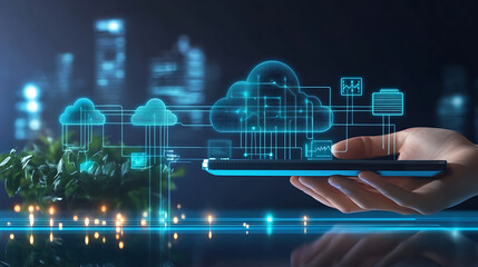 Poster - Exploring cloud technology innovations urban setting digital illustration night view future concepts