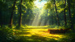 © abid - Sunlit forest clearing with lush foliage tall trees sun rays streaming through the leaves and a fallen log in the for