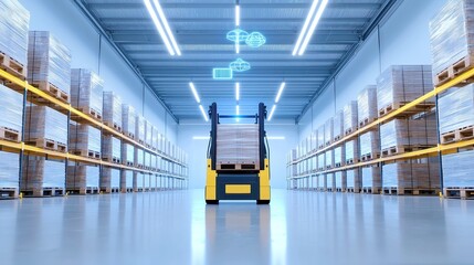 Poster - Yellow forklift transporting empty pallets in large warehouse, overhead drones overseeing operations, showcasing real-time holographic metrics for efficiency tracking.