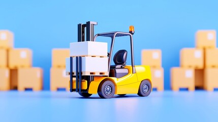 Poster - Cartoonish Yellow Forklift in a Spacious Warehouse, a vibrant 3D animation frame showcasing exaggerated proportions and playful lighting as it transports empty pallets.