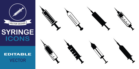 Fototapete - Medical syringe icon set. Simple syringe vector illustration silhouette symbol website design. Stylist syringe for fill and outline injection icons isolated on white background. Vector illustration.