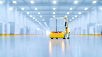 Poster - Yellow forklift transporting empty pallets in a large warehouse, showcasing dynamic movement and energetic lighting to illustrate the efficiency of modern logistics operations