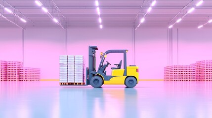 Poster - Cozy Warehouse Scene, yellow forklift transporting empty pallets in a spacious setting, transformed into a pastel-toned digital painting with soft edges and inviting atmosphere